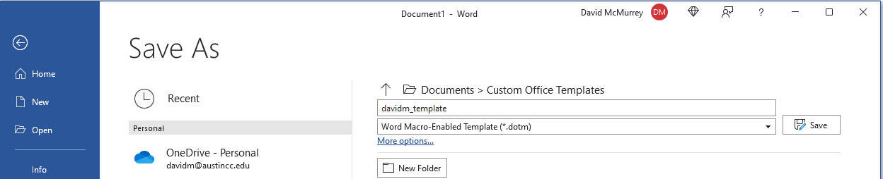 Settings for a Word dotm template
