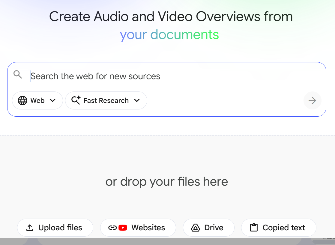 Select type of source for NotebookLM to use