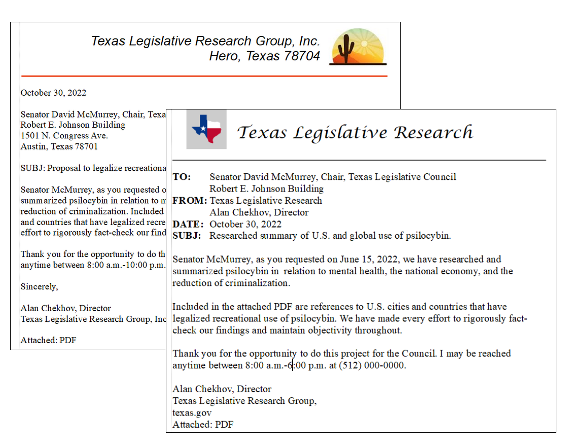 Business letter and email versions of transmital message