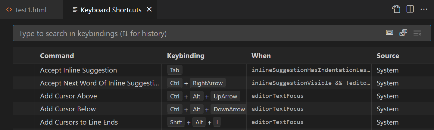 All keyboard shortcuts listed